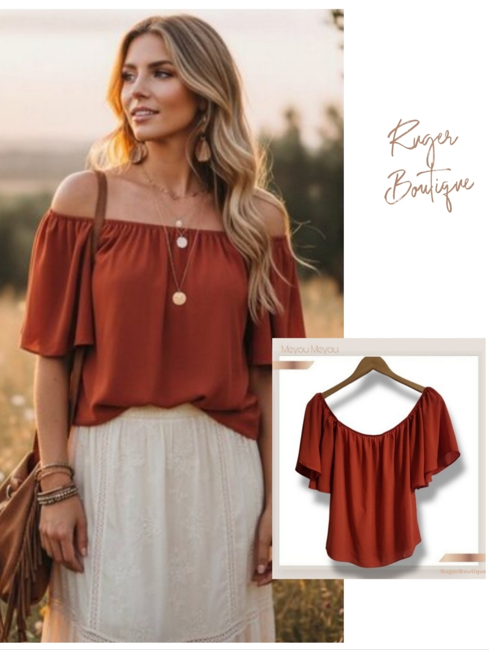 🌿Meyou Meyou Women's Cold Shoulder Pumpkin Orange Drop Sleeve Blouse